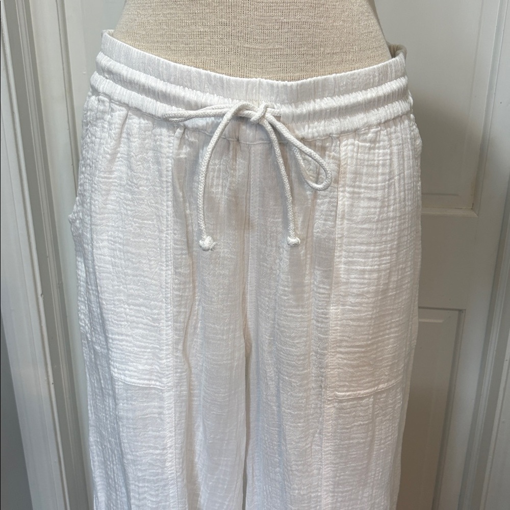 Lucky Brand sz L white 100% cotton gauzy elastic waist wide leg pants NWT - Picture 2 of 8